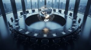 IMF・FRB・BISなど超国家的金融機関が世界の資金と中央銀行ネットワークを統括する構造を象徴するリアルな実写イメージ