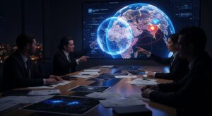 ネオコン人脈によるアメリカ外交政策と軍事戦略の意思決定構造を象徴する会議室のリアルイメージ。シンクタンク、PNAC、軍事外交設計、地政学戦略、ディープステート的政策決定ネットワークを視覚化した高精細シネマティック写真。