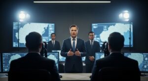 表に立つ政治家と背後で静かに監視する国際金融層の構造を象徴するリアル実写イメージ