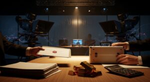 ディープステートと軍産複合体による財政支配を象徴する実写風イメージ。政府の財政会議室でスーツの手と軍服袖の手が機密フォルダとブリーフケースを受け渡し、財政と軍事の私物化、議会を通らない予算拡大、請負企業の肥大化、国債と負債ベース通貨への依存、国際金融資本と国家予算の結合構造を視覚化した画像。