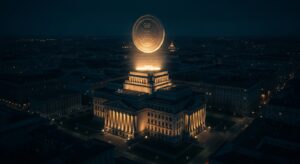 国際金融資本が中央銀行を通じて通貨発行権を支配する構造を象徴するリアル実写イメージ、FRB・BISによる金融統制の象徴