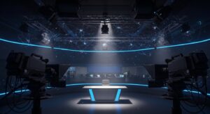 ディープステートによる世論操作構造を象徴する放送スタジオ内部。巨大なテレビカメラとニュースデスクの間を青と赤のデジタルエネルギーが流れ、メディアスポンサー構造と情報支配の裏側を可視化した実写風イメージ。DS・ネオコン・軍産複合体と国際金融資本が世論を動かす仕組みを象徴。