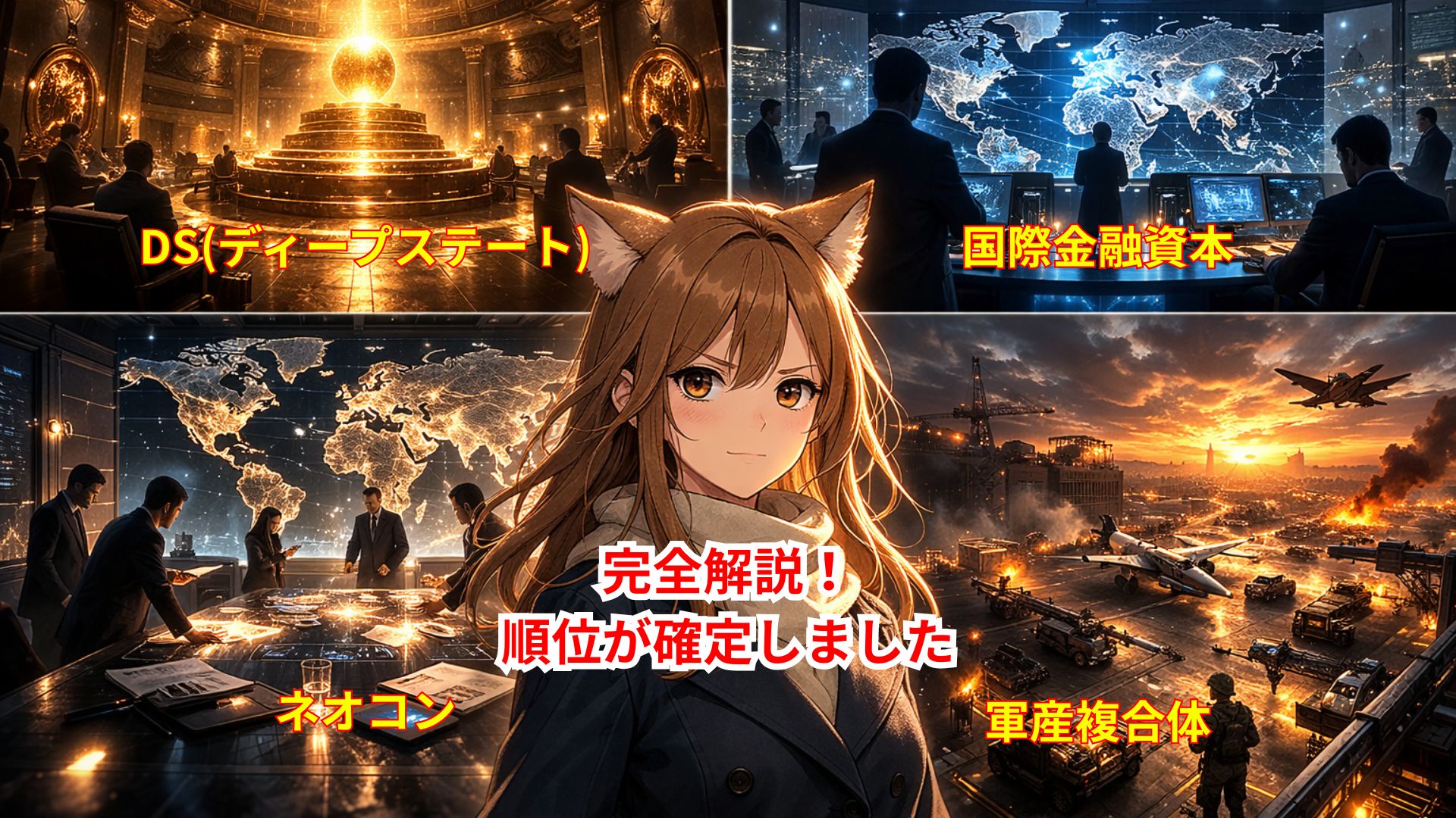国際金融資本・ディープステート・ネオコン・軍産複合体の4構造を階層的に可視化した解説ビジュアル